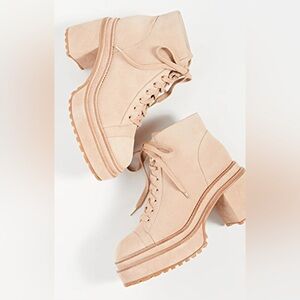 Cult Gaia Suede Platform Lace Up Ankle Combat Block Heel Leather Booties Tan